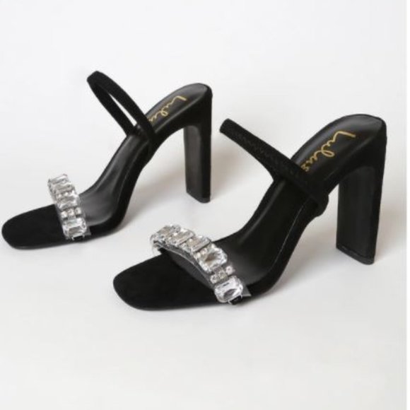 Linden Black Suede Rhinestone High Heel Sandals - Picture 2 of 2